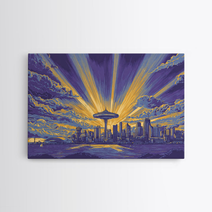 Seattle Space Needle Sunburst Wall Art, Midcentury Modern Canvas Print, Retro Skyline Poster, Purple Yellow MCM Home Decor
