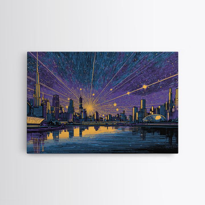 Futuristic Skyline Meteor Shower Wall Art, Midcentury Modern Sci Fi City Poster, Blue Gold Urban Decor, MCM Office Print
