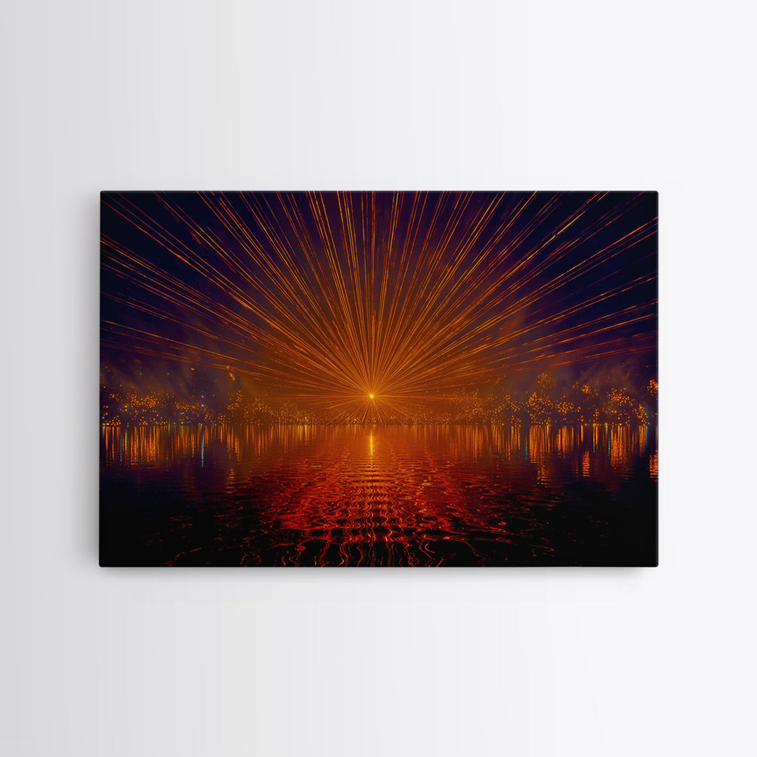 Orange Laser Sunset Over Water Wall Art, Modern Abstract Sci Fi Landscape, Retro Futuristic Poster, Large MCM Office Decor