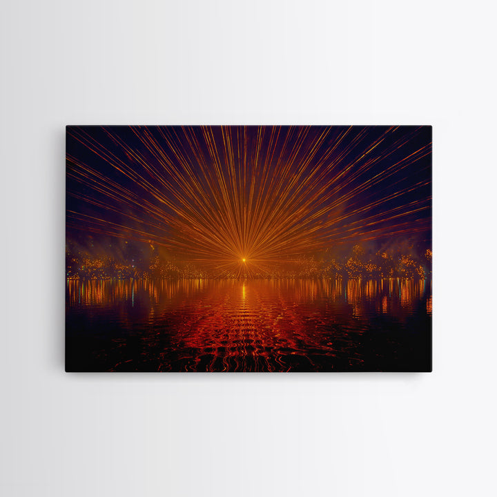 Orange Laser Sunset Over Water Wall Art, Modern Abstract Sci Fi Landscape, Retro Futuristic Poster, Large MCM Office Decor