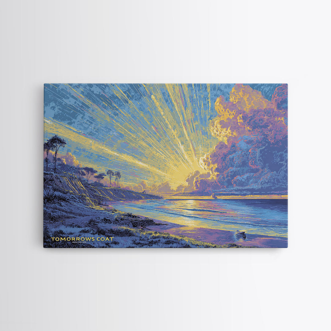 Radiant Coastal Sunset With Palm Trees Wall Art, Ocean Sunrise Landscape, Blue Yellow Beach Decor, Scenic Framed Canvas Print