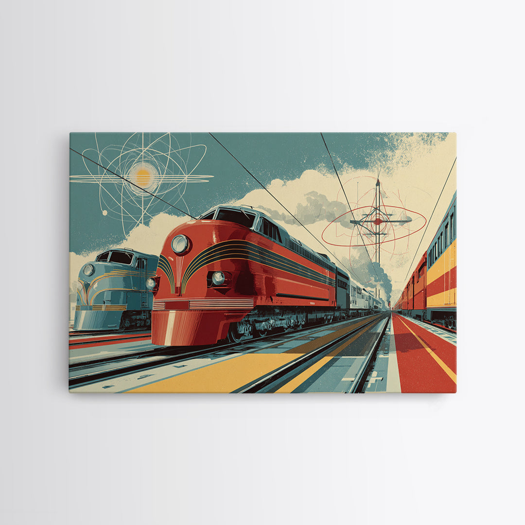 Red Streamliner Train Station Wall Art, Retro Futurism Poster, Mid Century Modern Decor, Atomic Railroad Print, Office Wall Decor