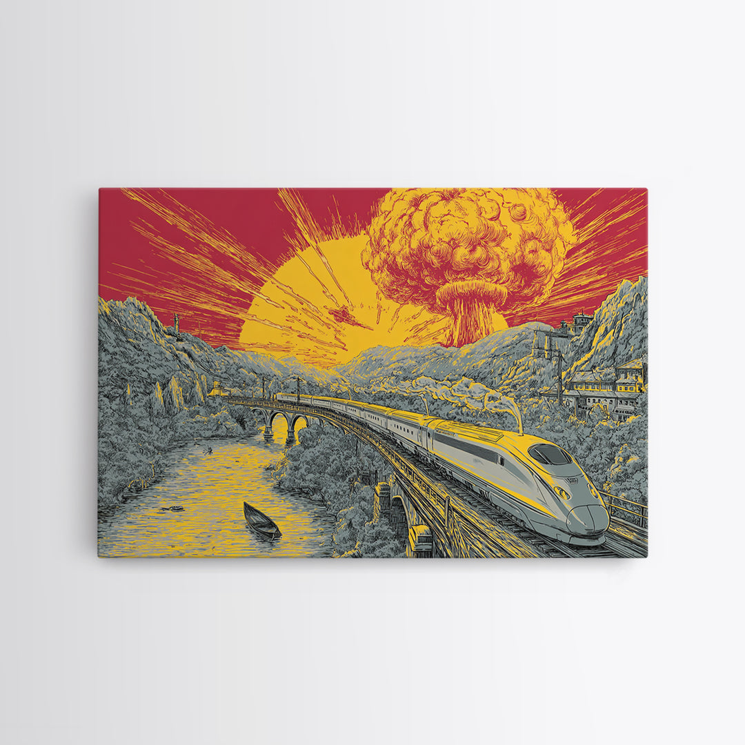 Nuclear Bullet Train Landscape Canvas Print, Apocalyptic Retro Poster, Sci Fi Wall Decor, Dramatic Yellow Art, Modern Wall Art