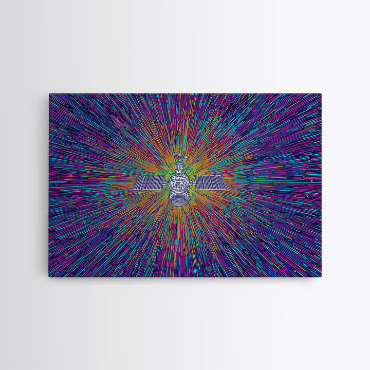 Warp Speed Satellite Explosion Wall Art, Colorful Space Abstract Poster, Sci Fi Retro Print, Modern Digital Art, Office Decor
