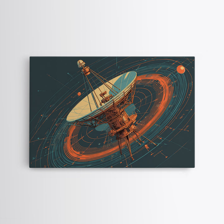 Deep Space Radio Telescope Canvas Print, Teal Orange Retro Futurism Poster, Orbital Lines Art, Midcentury Modern Wall Decor