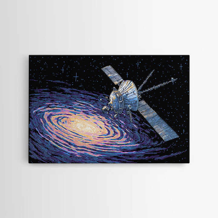 Galaxy Probe Over Vortex Framed Canvas Print, Starry Sci Fi Poster, Retro Space Abstract Art, Blue Wall Decor For Office
