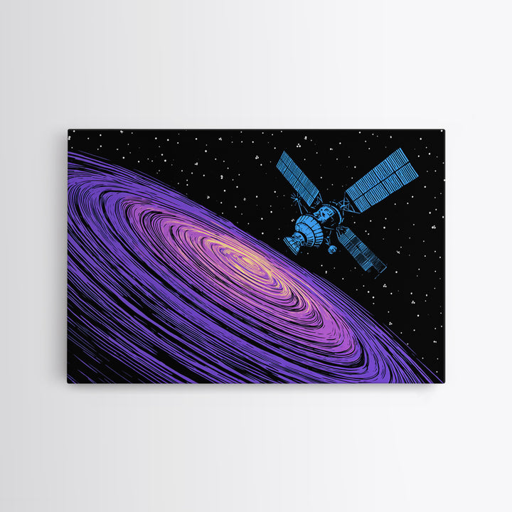 Purple Galaxy Satellite Canvas Print, Retro Sci Fi Space Poster, Cosmic Abstract Art, Blue Black Wall Decor, Modern Art Print