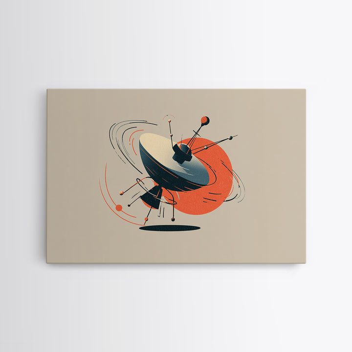 Atomic Sputnik Satellite Sculpture Wall Art, Mid Century Modern Poster, Orange Beige Retro Print, Geometric Space Home Decor