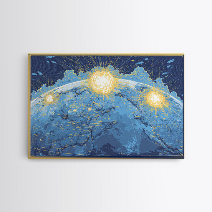 Illuminated Blue Earth Map With Three Suns Wall Art, Celestial Modern Artwork, Space Poster Decor, Global Framed Canvas Print