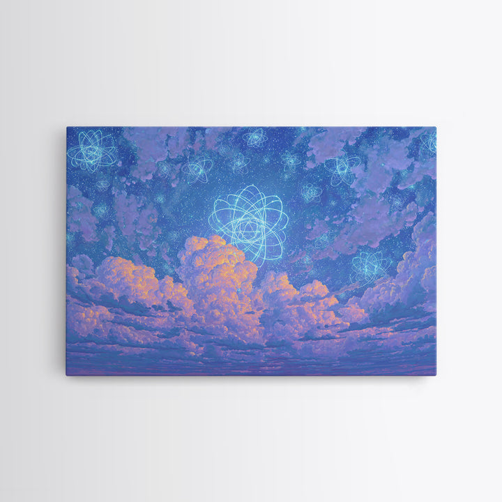 Dreamy Atomic Cloud Sky Wall Art, Pastel Space Poster, Celestial Midcentury Modern Decor, Blue Nursery Office Canvas Print