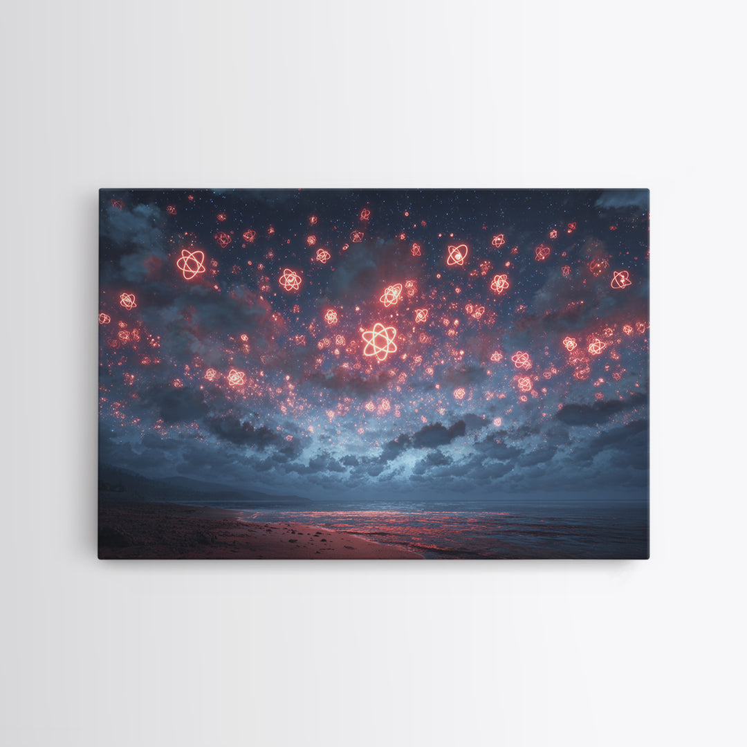 Red Atomic Night Sky Over Stormy Ocean Wall Art, Sci Fi Retro Art Print, Cosmic Retro Art, Space Abstract Art, Modern Wall Decor