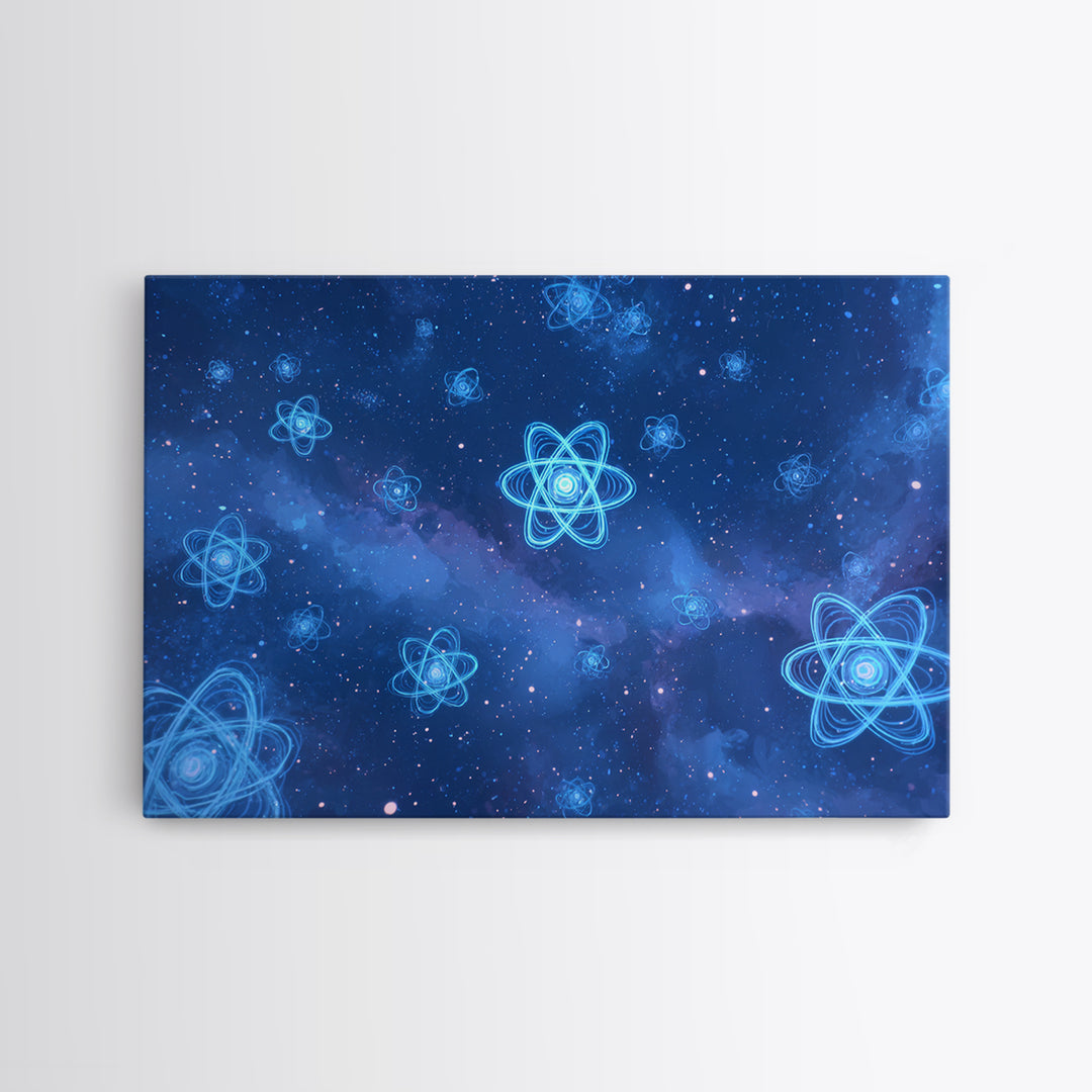 Blue Neon Atoms In Starry Nebula Canvas Print, Science Wall Art, Cosmic Retro Art, Modern Digital Art, Space Poster Decor