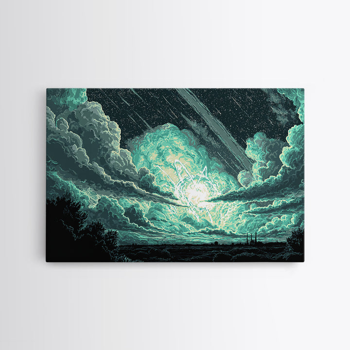 Glowing Meteor Burst In Emerald Clouds Wall Art, Pixel Sci Fi Landscape, Retro Art Poster, Space Abstract Art, Modern Wall Decor