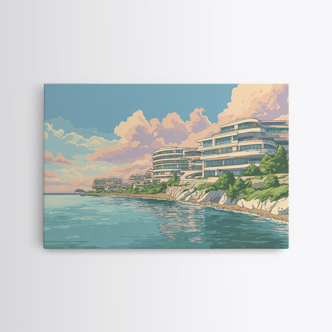 Pastel Coastal Modernist Apartments Canvas Print, Seaside Wall Art, Contemporary Print, Neutral Blue Home Decor, Ocean View Poster