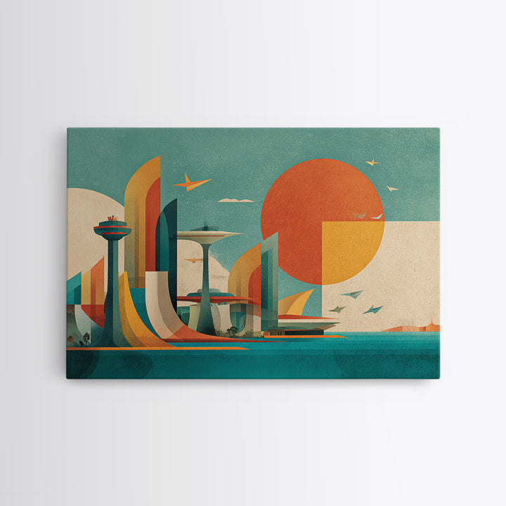 Geometric Futuristic City With Orange Sun Wall Art, Midcentury Modern Art, Atomic Retro Poster, Bauhaus Inspired Home Decor