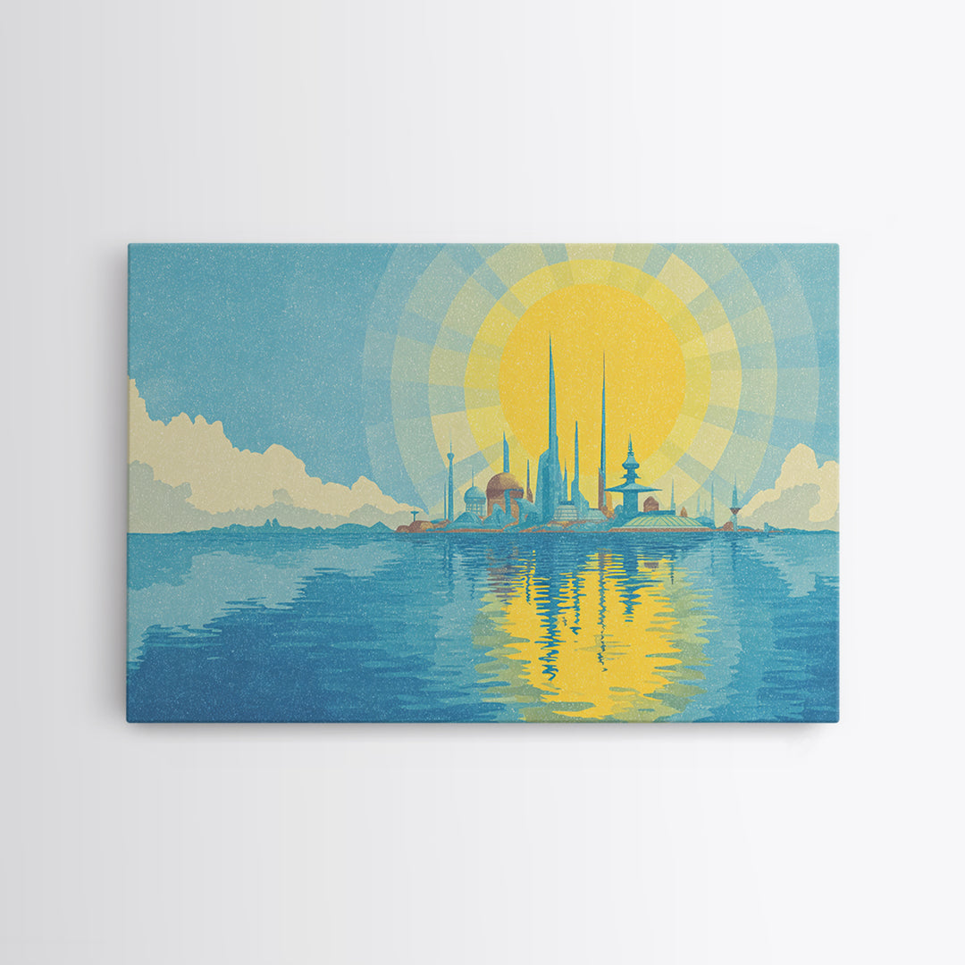 Radiant Sun Over Future Island Skyline Canvas Print, Retro Futuristic Wall Art, Blue Travel Poster, Modern Coastal Decor