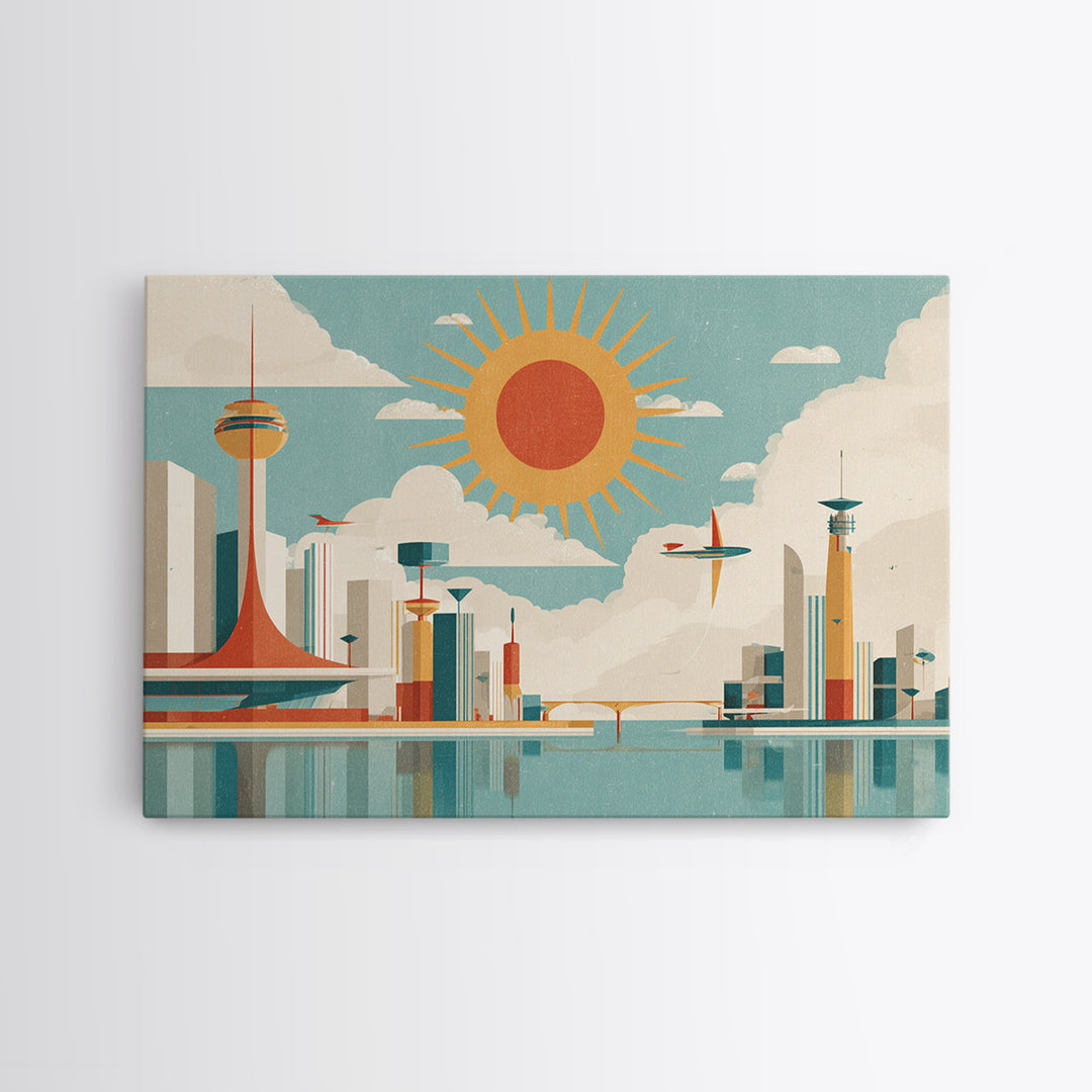 Midcentury Space Age City With Sunburst Wall Art, Atomic Retro Art Print, Geometric Poster, Modern Wall Decor, Mcm Home Decor