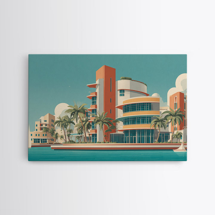Art Deco Waterfront Hotel With Palm Trees Wall Art, Mid Century Modern Poster, Retro Travel Print, Palm Springs Decor, Home Decor