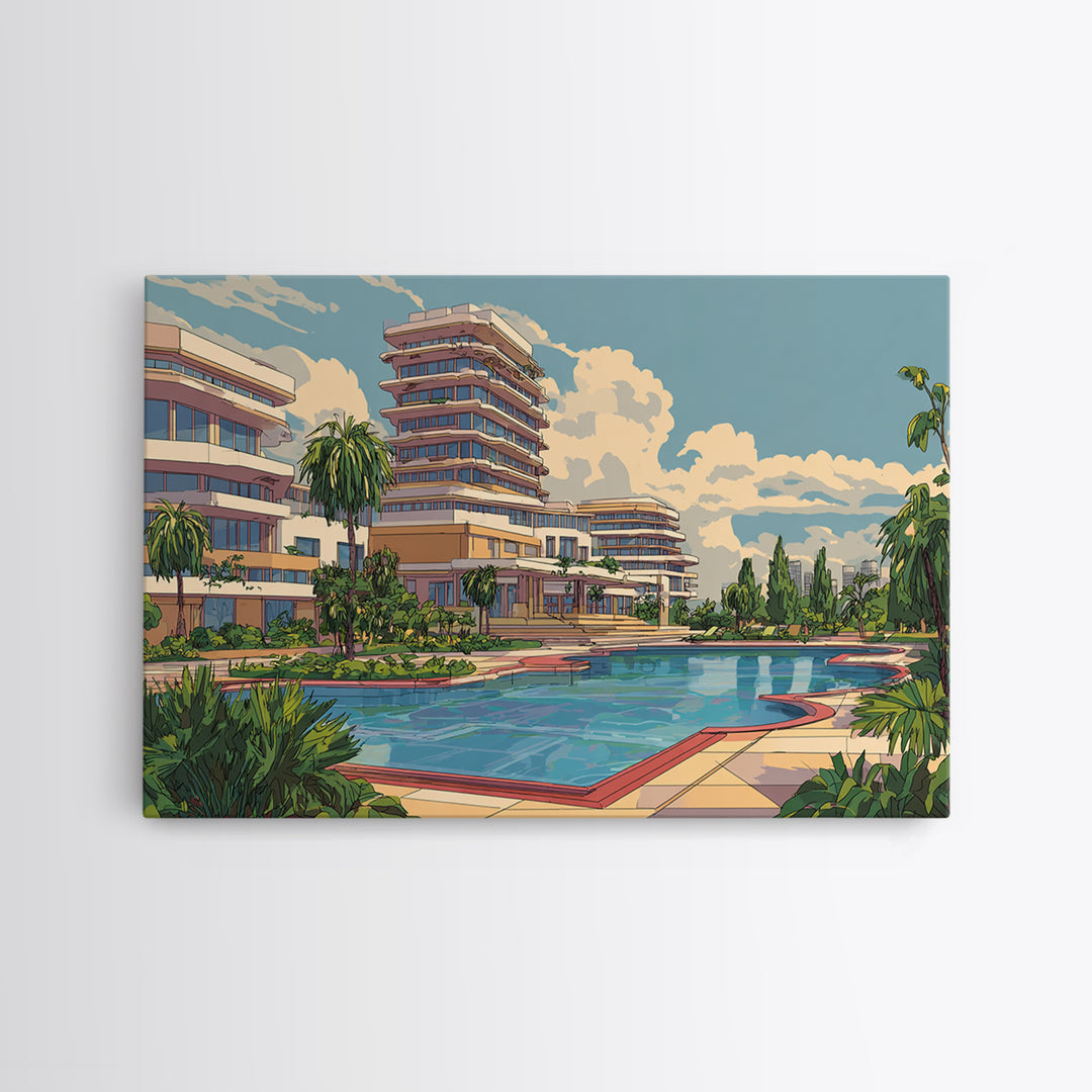 Sunny Resort Pool And Palm Terrace Framed Canvas Print, Mid Century Modern Wall Art, Retro Travel Poster, Office Decor Print