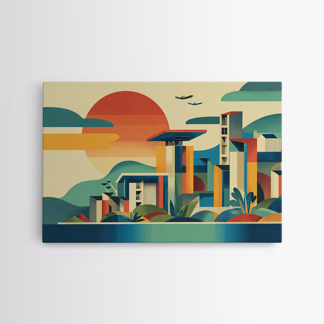 Geometric Coastal City Sunset Canvas Print, Mid Century Modern Wall Art, Bauhaus Poster, Colorful Abstract Home Decor Print