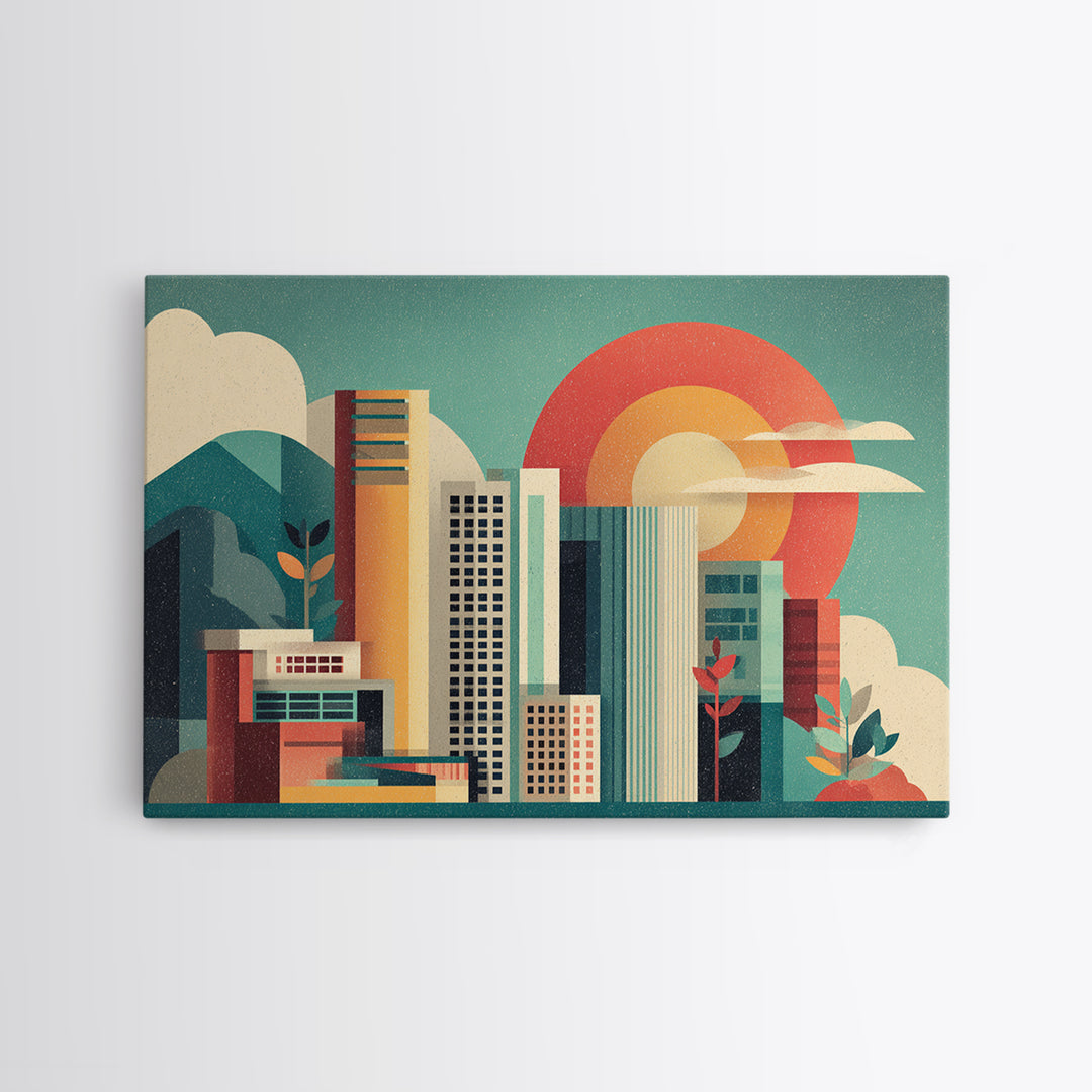 Modern City Skyline With Giant Sun Wall Art, Mid Century Modern Print, Geometric Abstract Poster, Colorful Office Decor Print