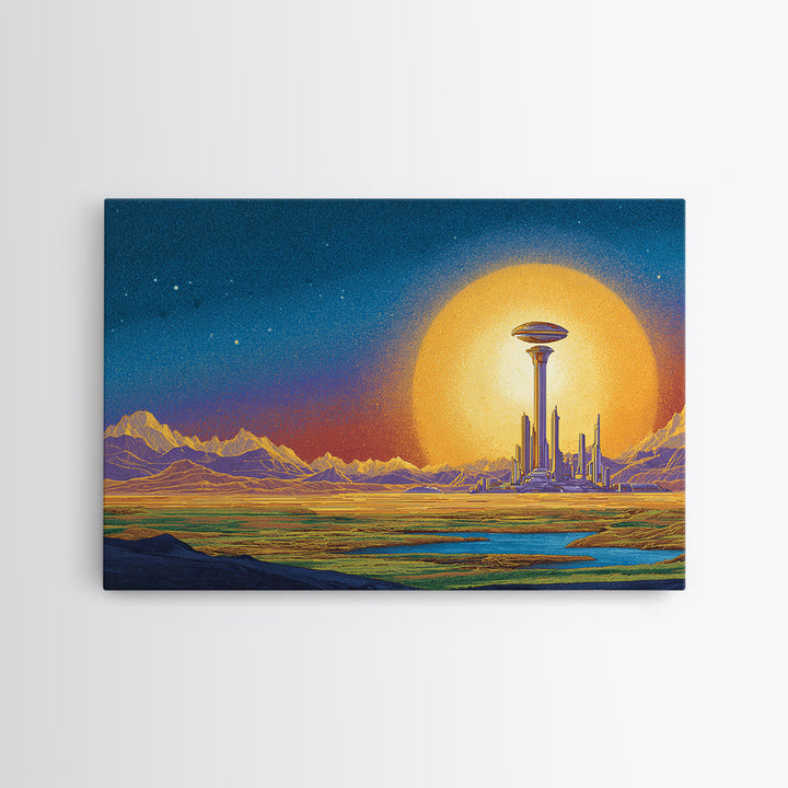 Retro Futuristic Space City With Golden Moon Wall Art, Mid Century Modern Poster, Sci Fi Landscape Print, Man Cave Decor