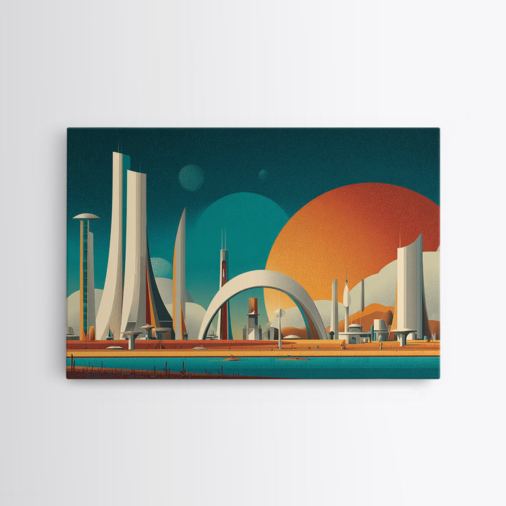 Futurist White Towers And Arched City Canvas Print, Mid Century Modern Wall Art, Retro Sci Fi Poster, Large Wall Decor Print