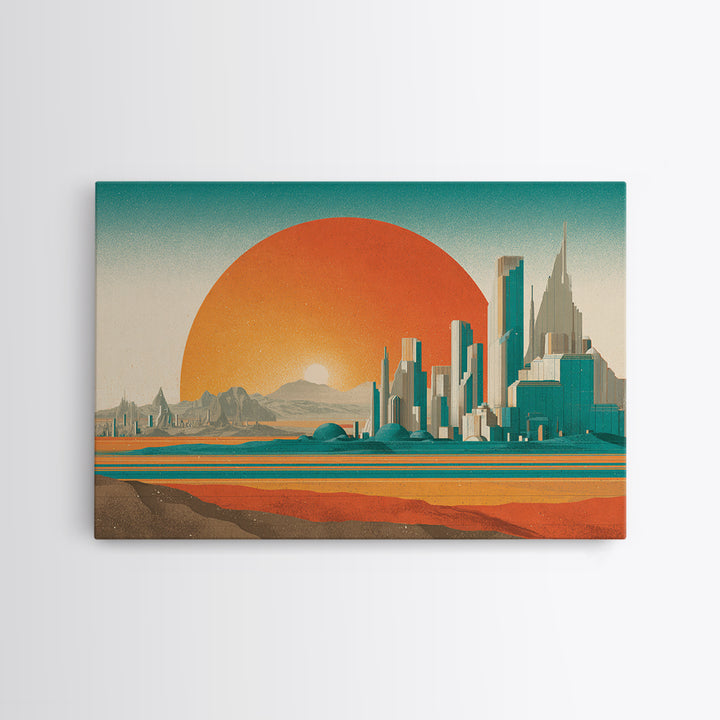 Desert Metropolis With Giant Orange Sun Framed Canvas Print, Mid Century Modern Wall Art, Retro Futuristic Poster, Office Decor