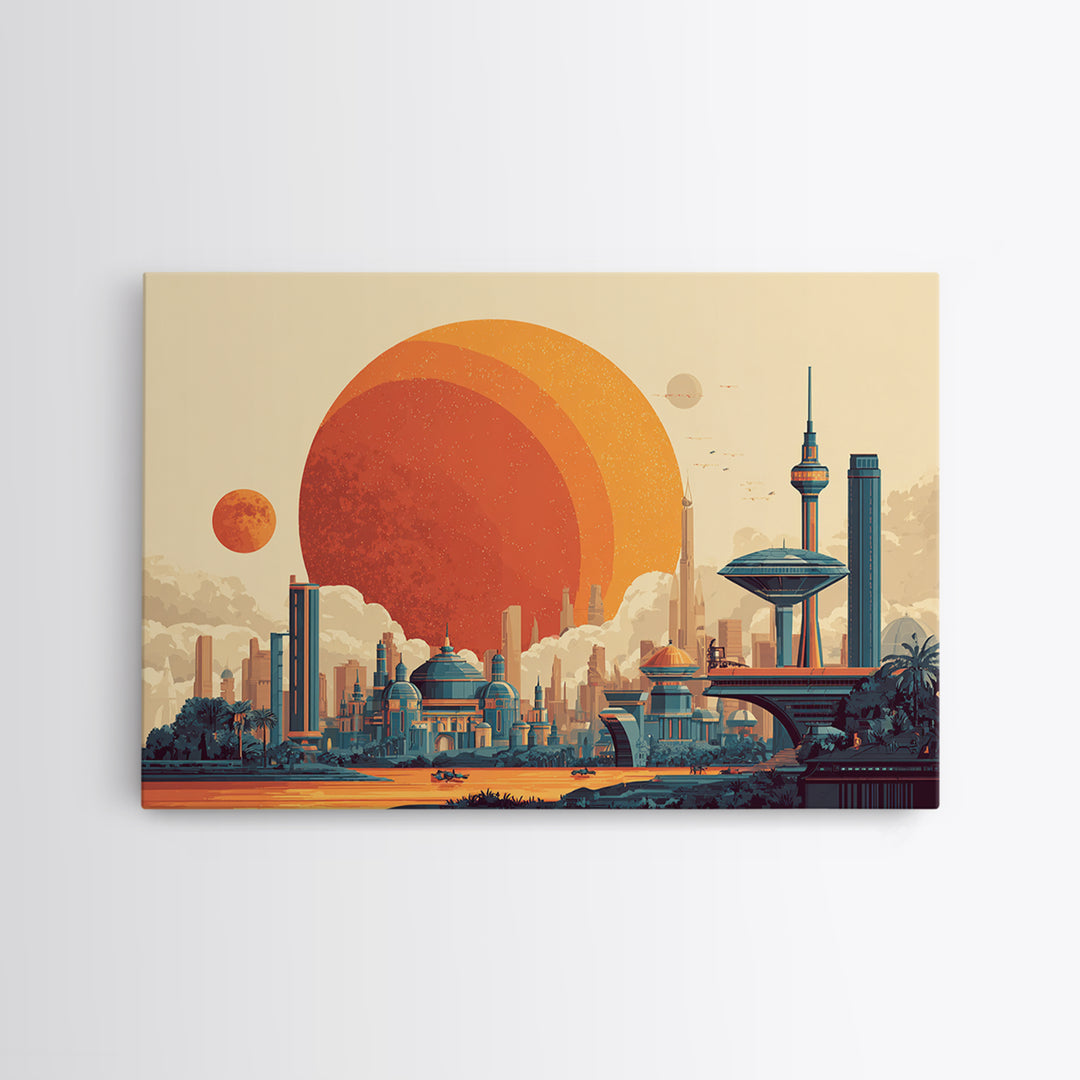 Futuristic Planet Skyline With Domed City Wall Art, Mid Century Modern Poster, Retro Sci Fi Print, Colorful Home Decor Print