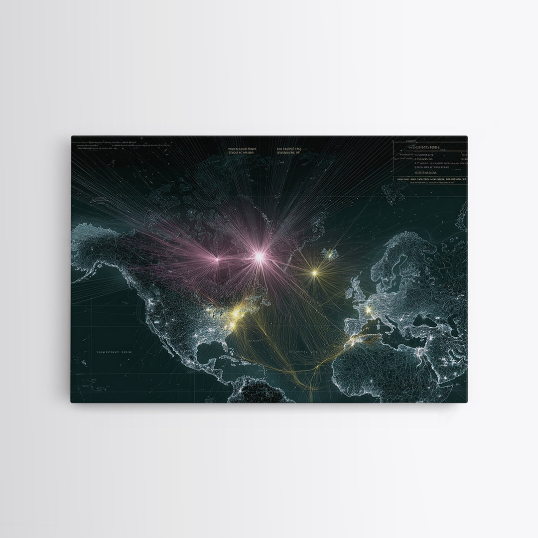 Glowing World Map Network Lights Wall Art, Modern Digital Data Artwork, Global Travel Decor, Sci Fi Space Framed Canvas Print