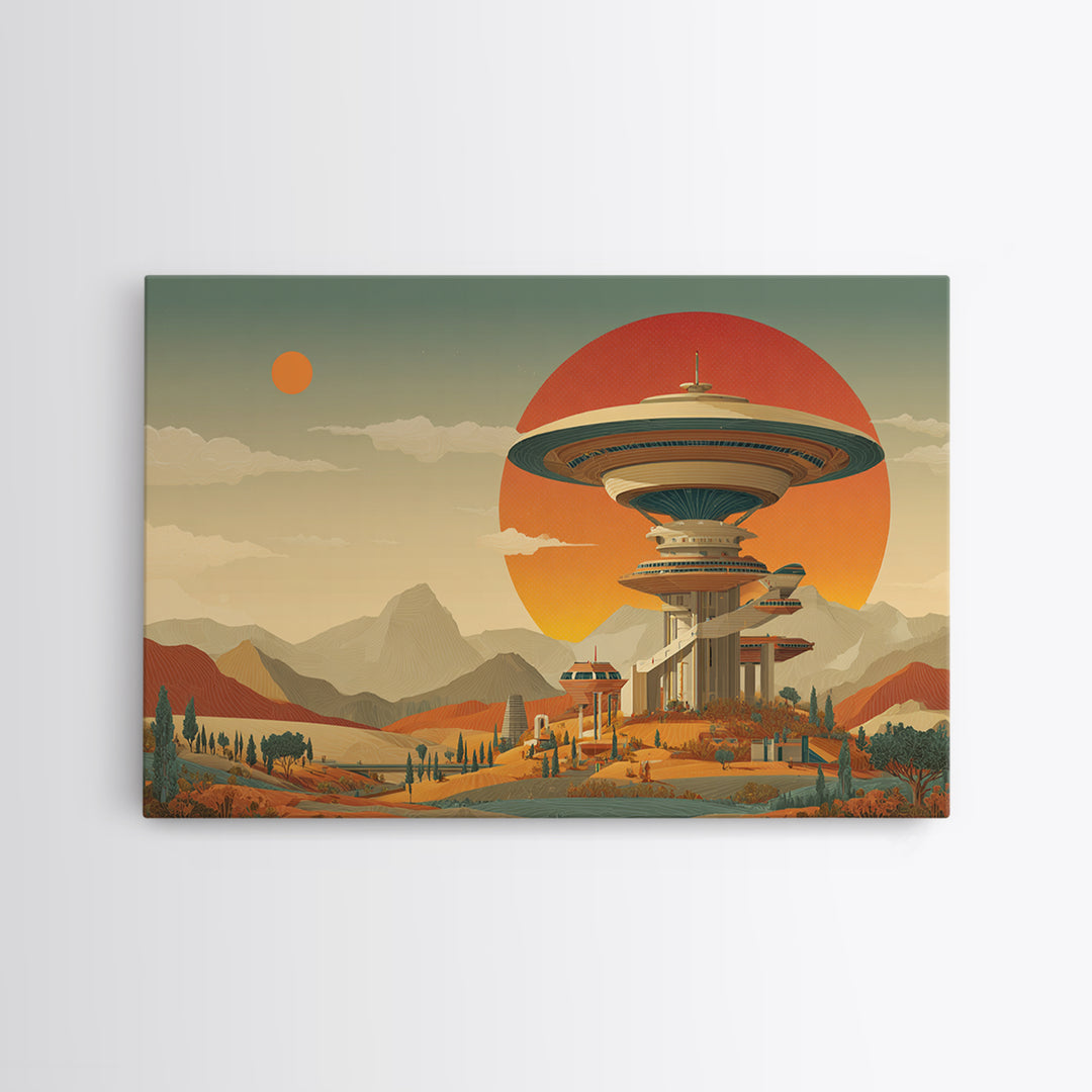 Retro Space Age Saucer Tower In Desert Framed Canvas Print, Mid Century Modern Wall Art, Sci Fi Poster, Statement Decor Print