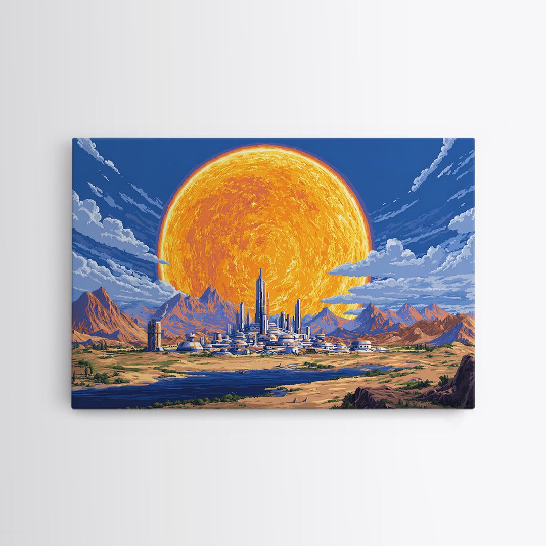 Futuristic Desert City With Giant Orange Sun Wall Art, Retro Sci Fi Poster, Midcentury Modern Art, MCM Space Decor, Living Room Decor