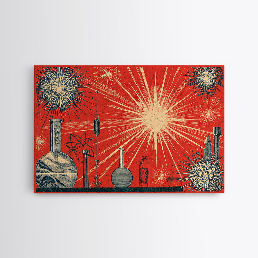 Atomic Science Lab Starburst Canvas Print, Midcentury Modern Art, Retro Wall Art, 1950s Design, Red Office Decor Poster Print