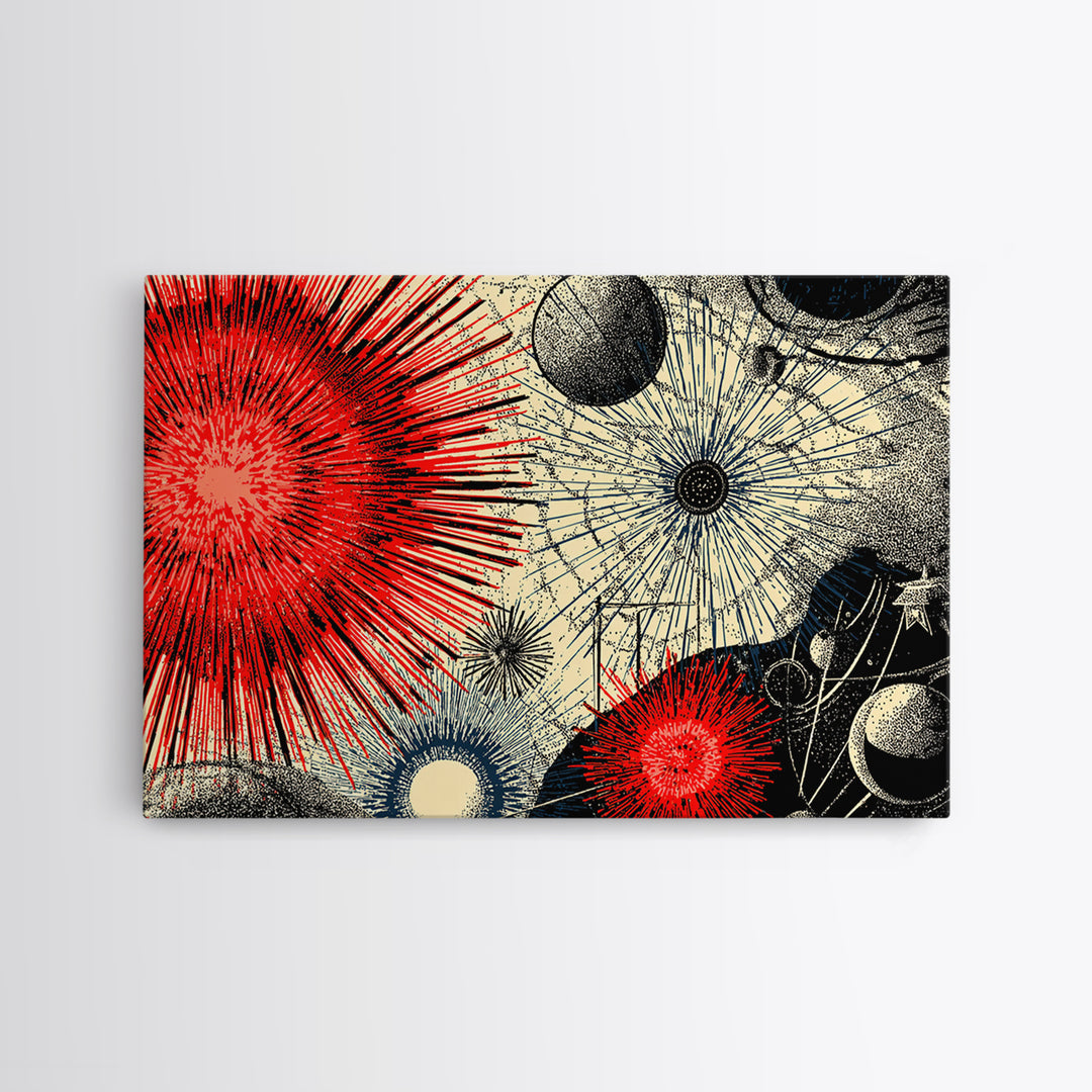 Red Black Cosmic Starburst Wall Art, Retro Space Abstract Art, Midcentury Modern Poster, Atomic Art Print, MCM Room Decor