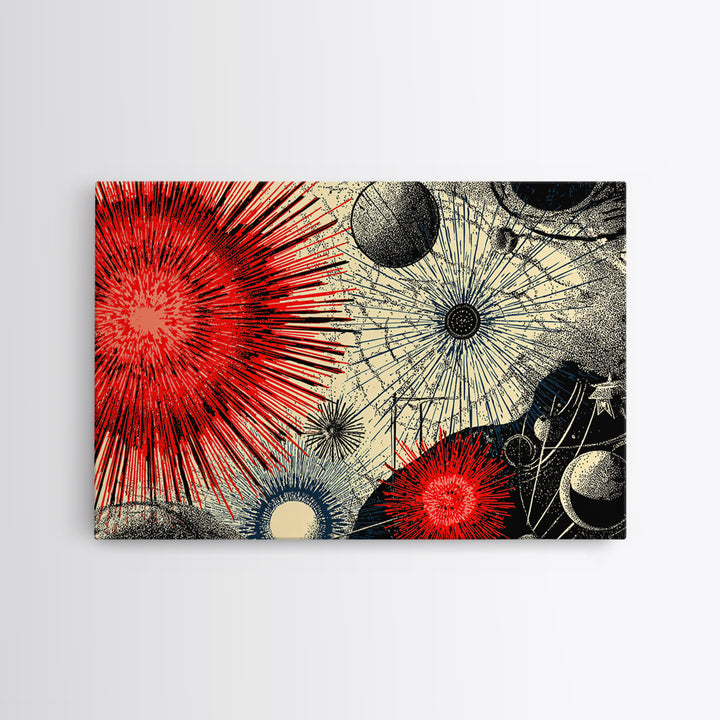 Red Black Cosmic Starburst Wall Art, Retro Space Abstract Art, Midcentury Modern Poster, Atomic Art Print, MCM Room Decor