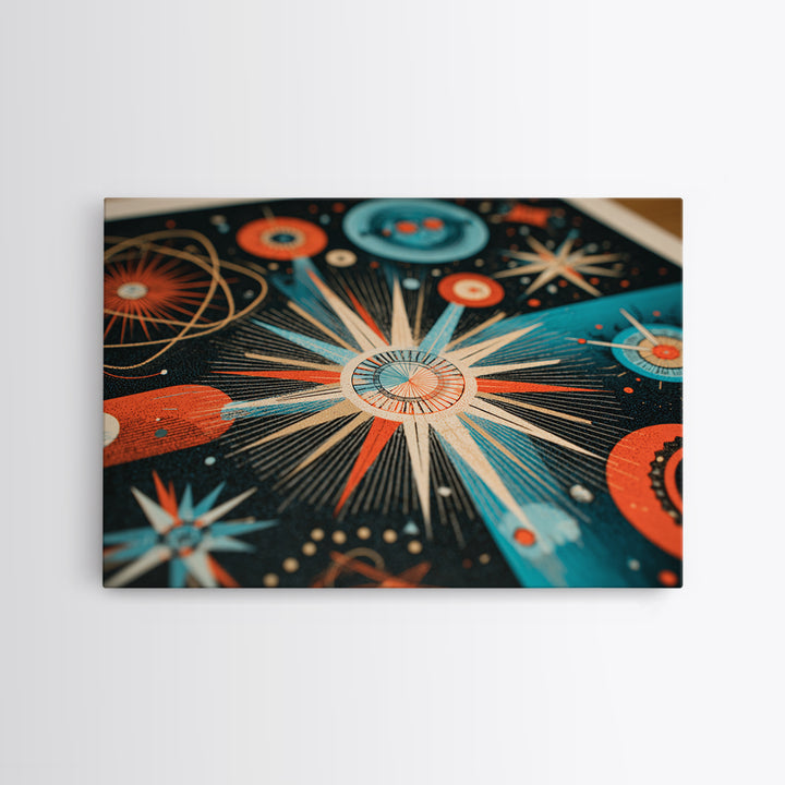 Teal Orange Atomic Starburst Framed Canvas Print, Midcentury Modern Wall Art, Retro Art Print, Space Age MCM Home Decor Poster