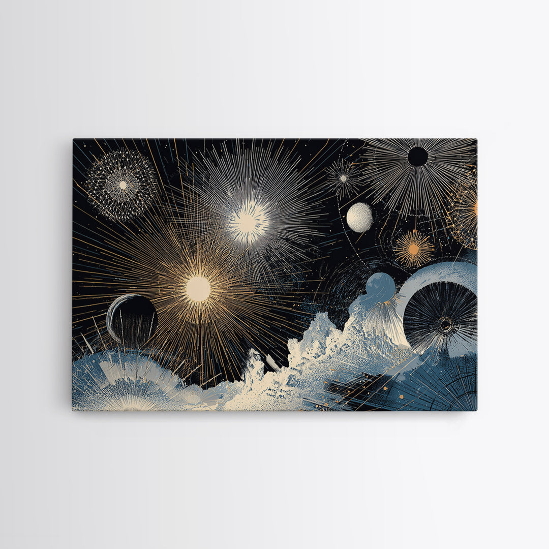 Night Sky Fireworks Over Ocean Waves Canvas Print, Celestial Wall Art, Modern Abstract Art, Blue Gold Living Room Decor Poster