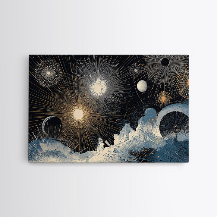 Night Sky Fireworks Over Ocean Waves Canvas Print, Celestial Wall Art, Modern Abstract Art, Blue Gold Living Room Decor Poster