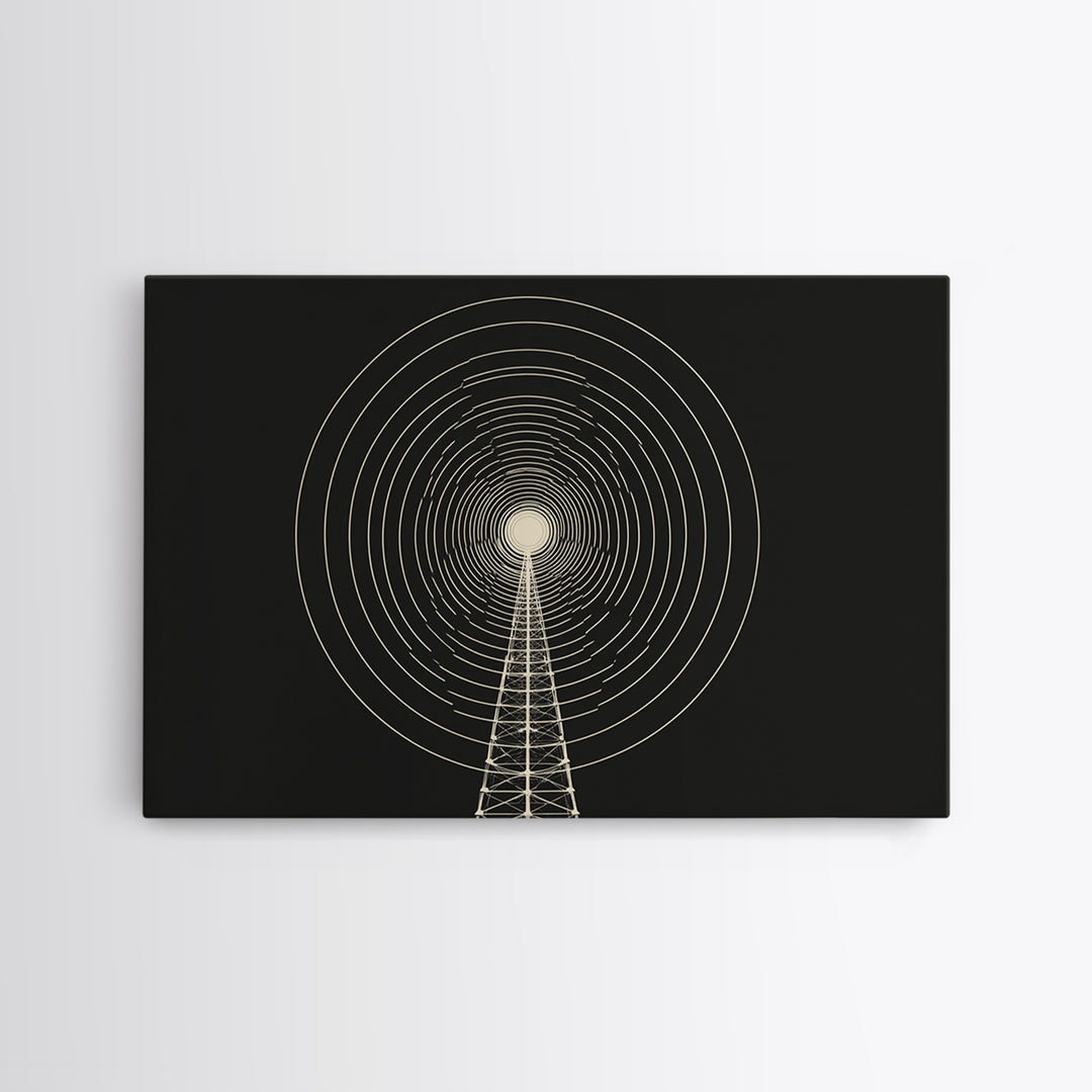Radio Tower Concentric Signal Wall Art, Black And Cream Midcentury Modern Print, Minimalist Retro Science Office Decor Poster