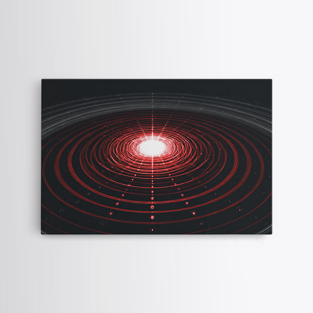 Glowing Red Orbit Disk Wall Art, Sci Fi Abstract Canvas Print, Futuristic Midcentury Modern Poster, Black Office Decor Print