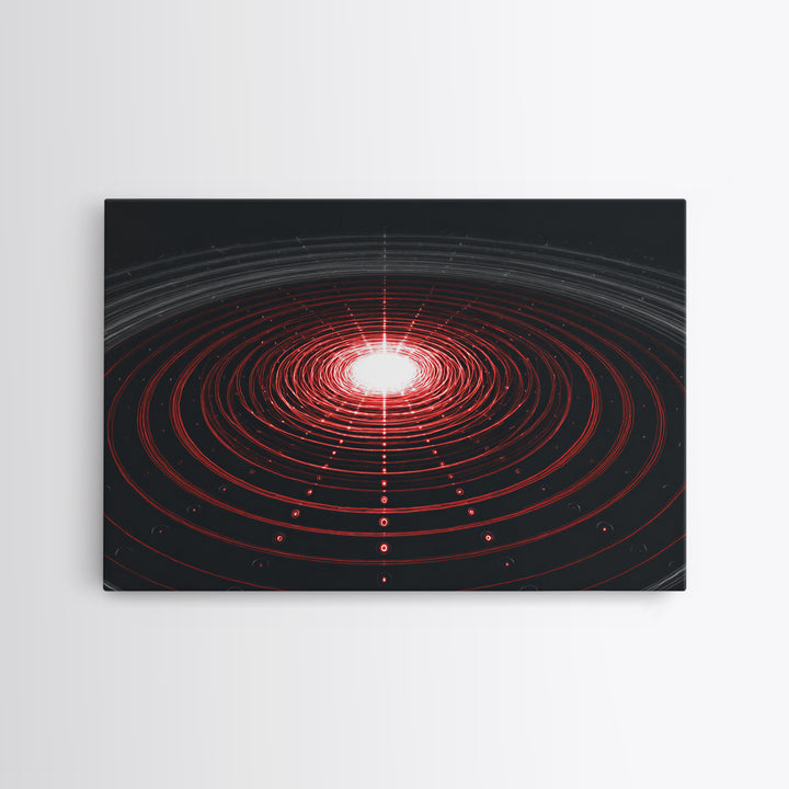 Glowing Red Orbit Disk Wall Art, Sci Fi Abstract Canvas Print, Futuristic Midcentury Modern Poster, Black Office Decor Print