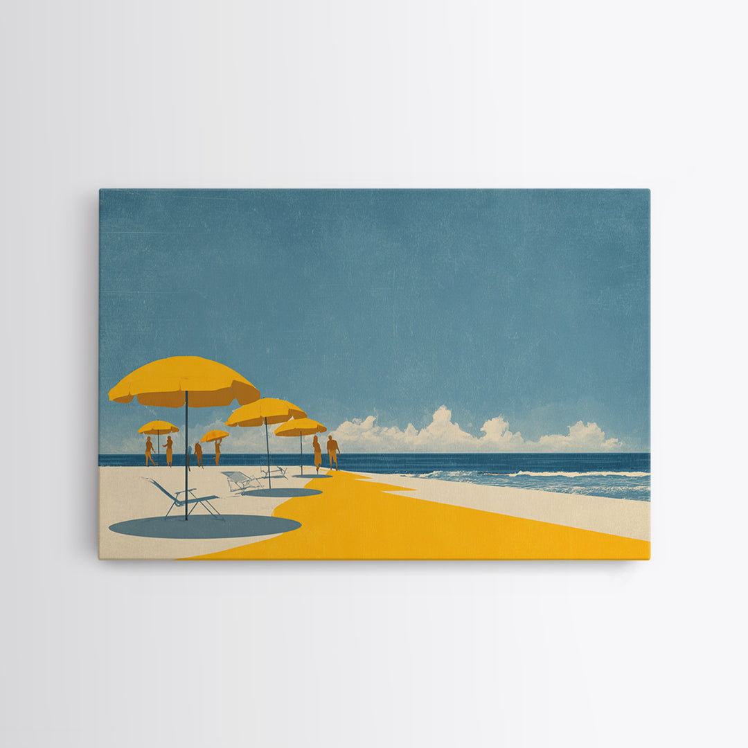 Yellow Beach Umbrellas And Blue Sea Wall Art, Retro Travel Canvas Print, Coastal Summer Poster, Bright Living Room Decor