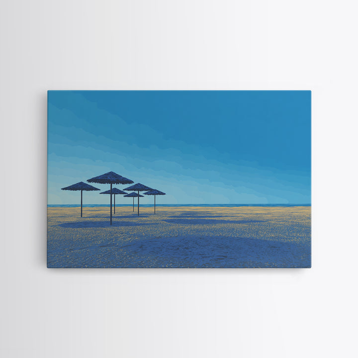 Blue Shoreline Umbrellas Wall Art, Minimal Coastal Canvas Print, Midcentury Modern Travel Poster, Calm Beach House Decor