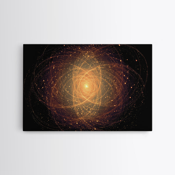 Golden Atomic Particle Orb Wall Art, Modern Abstract Art Print, Space Abstract Art, Midcentury Decor, Framed Canvas Print