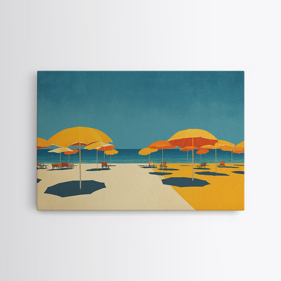 Sunny Yellow Beach Umbrellas Wall Art, Retro Coastal Canvas, Midcentury Modern Decor, Ocean Summer Print For Living Room