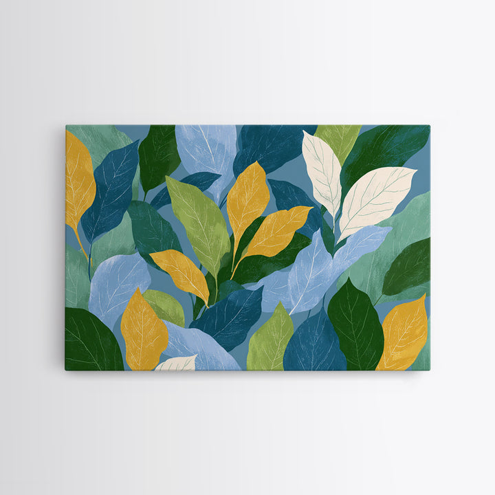 Layered Blue Green And Gold Leaves Wall Art, Botanical Midcentury Modern Art Print, Nature Decor For Bedroom Living Room