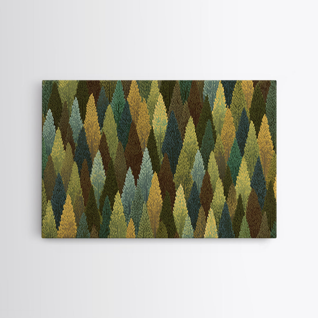 Textured Green Gold Forest Wall Art, Scandinavian Midcentury Modern Art Print, Nature Landscape Decor For Living Room Office