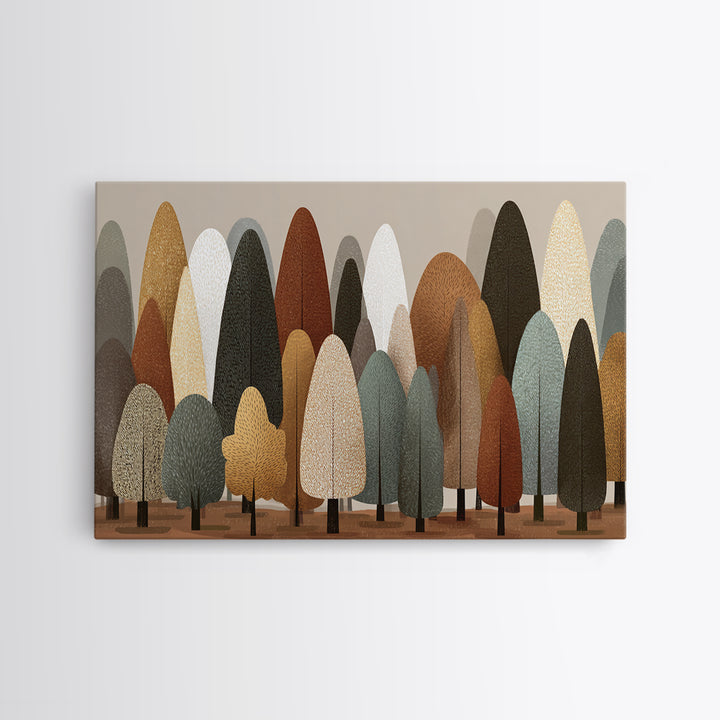 Neutral Earth Tone Stylized Trees Wall Art, Scandinavian Midcentury Modern Canvas Print, Minimalist Forest Decor For Home
