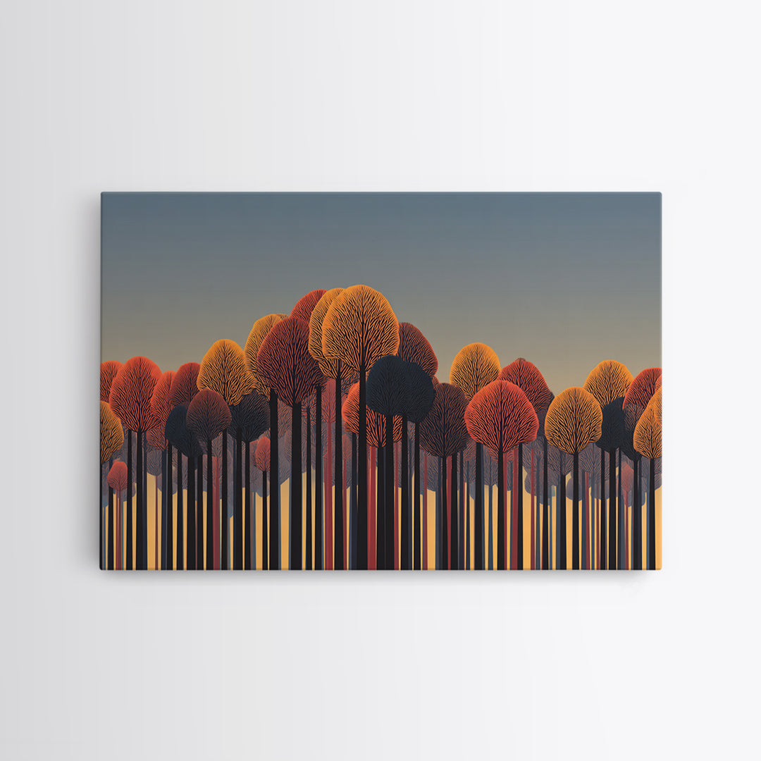Autumn Orange Red Treeline Wall Art, Bold Midcentury Modern Canvas Print, Retro Forest Decor For Living Room Home Office