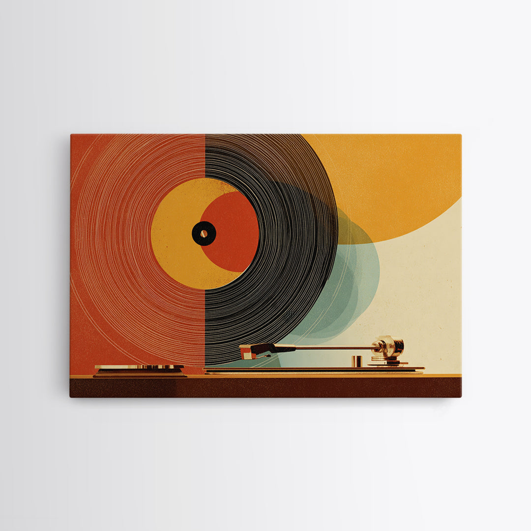 Orange Vinyl Turntable Abstract Wall Art, Mid Century Modern Music Poster, Retro Record Player Decor, Bold MCM Home Decor